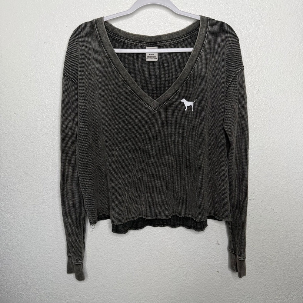 Victoria's Secret PINK Grey Mineral Wash Waffle Knit Thermal V-Neck Top Medium
